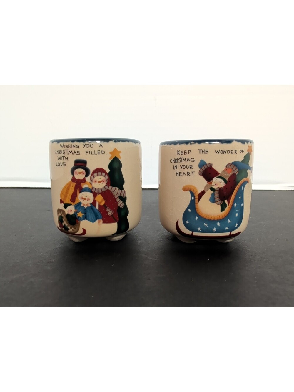 Vintage CMI Henton Christmas Snowman Mini Candle Crocks Set of 2 UNBURNED